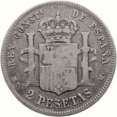 1882 2 Pesetas Spain Coin Alfonso XII Silver