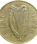 Ireland Coin 1986 20 Pingin Irish Coins Old Money Numismatic Collectible Hunting horse, facing left. Gaelic harp