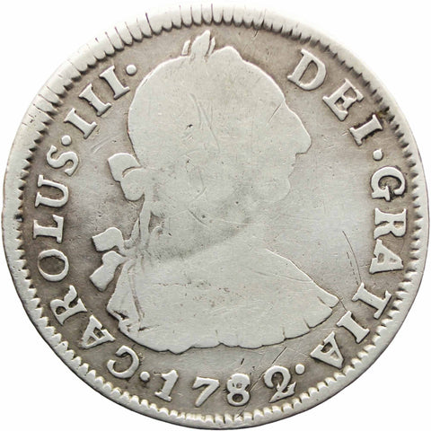 Over date 2 on 1 1782 PTS PR 2 Reales Bolivia Spain Carlos III Coin Silver