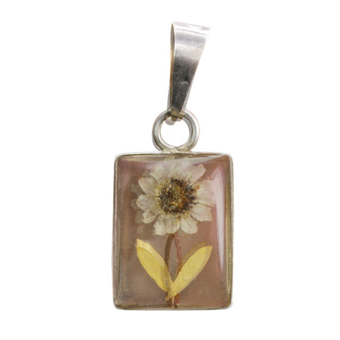 Pressed Flowers 1970’s Vintage 925 Sterling Silver Glass Pendant