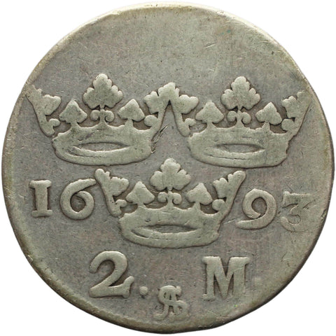 Rare 1693 2 Mark Sweden Silver Coin Charles XI Type III