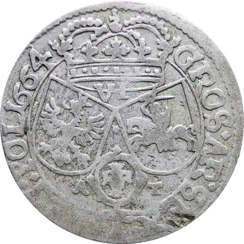 Silver Coin 1664 AT Szóstak 6 Groszy Polish–Lithuanian Commonwealth John II Casimir Vasa Europe Coins