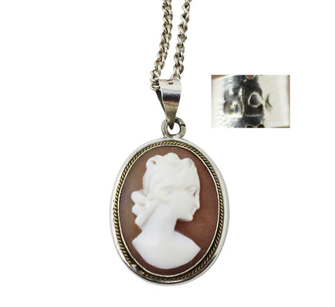 Vintage 1960’s Silver Cameo Necklace Pendant with Chain Women Portrait