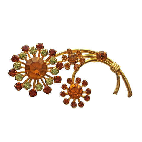 Vintage Brooch Flower Daisy Glass Crystal Gold Color