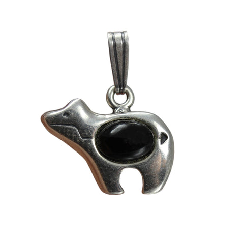 Vintage Silver American Bear Symbol Pendant Talisman Hallmarked Old Carlisle Jewellery Albuquerque Black Stone